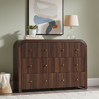 Modern 6 Drawer Dresser, Wood Fluted Chest of Drawers for Bedroom