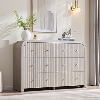 54" Wide Modern Fluted 6 Drawer Dresser with Curved Profile, Wood Storage Chest for Bedroom, Hallway