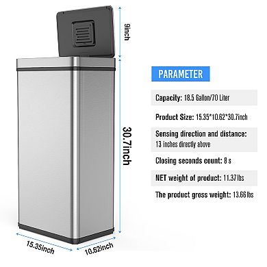 70L Automatic Sensor Trash Can with Odor-Control Stainless Steel Kitchen Bin