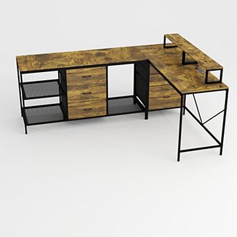 GOODSILO Large L-Shaped Desk with Built-in Power Outlets, USB-C Ports, and Movable Monitor Stands