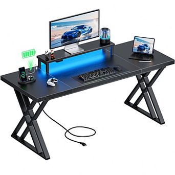 Modern Gaming Desk with Integrated Charging Station and LED Lighting