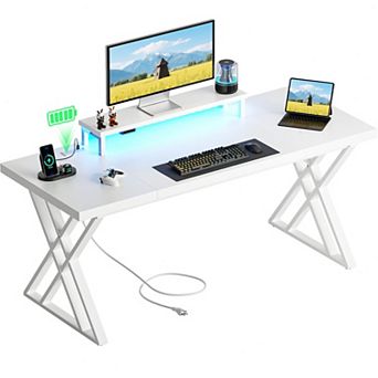 Modern Gaming Desk with Integrated Charging Station and LED Lighting
