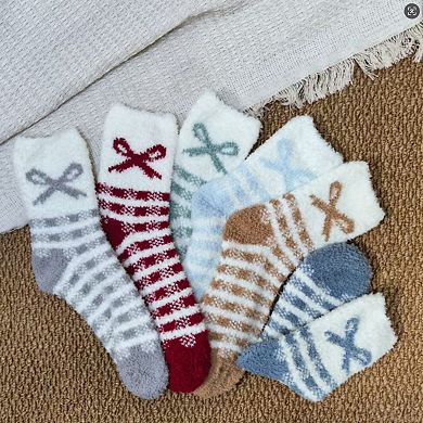 3-Pair Fuzzy Bow Knit Crew Socks Set with Plush Soft Texture and Graphic Bow Pattern