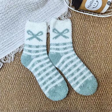 3-Pair Fuzzy Bow Knit Crew Socks Set with Plush Soft Texture and Graphic Bow Pattern