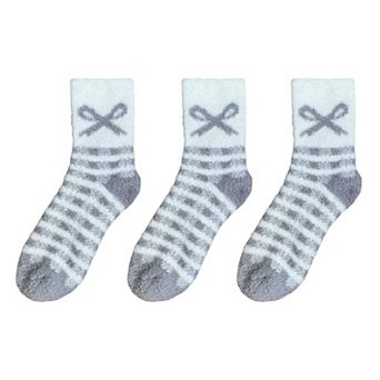 3-Pair Fuzzy Bow Knit Crew Socks Set with Plush Soft Texture and Graphic Bow Pattern