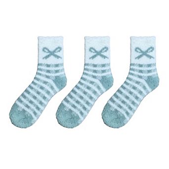 3-Pair Fuzzy Bow Knit Crew Socks Set with Plush Soft Texture and Graphic Bow Pattern