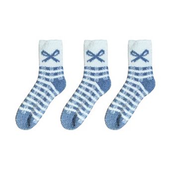 3-Pair Fuzzy Bow Knit Crew Socks Set with Plush Soft Texture and Graphic Bow Pattern