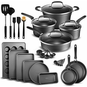 Nonstick Cookware & Bakeware Set, Stackable, Dishwasher Safe, Oven Safe, Plaid Pattern