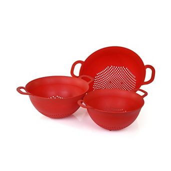 3 pc Plastic Strainer Set (3, 3.5, 5-qt with Strong Handles, BPA-Free - Red