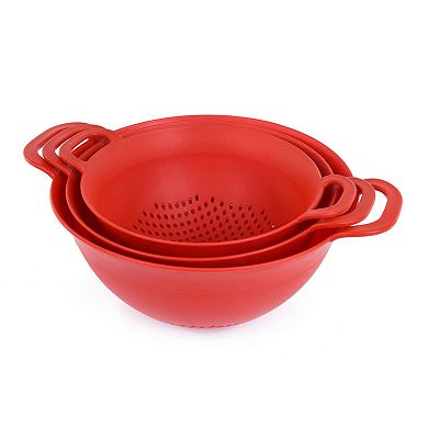 3-Piece Plastic Strainer Set (3, 3.5, 5 Quart) with Strong Handles, BPA-Free - Red
