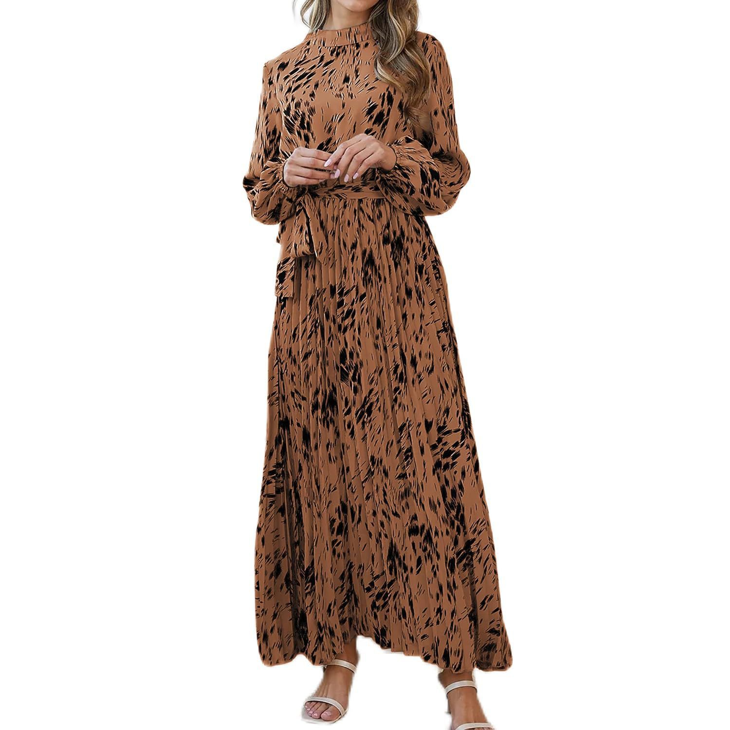 Женские платья Fall Dresses For Women Long Sleeve Pleated Casual Mock Neck Elegant Print Maxi Dress With Belt
