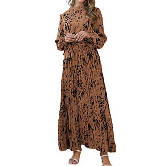 Fall Dresses For Women Long Sleeve Pleated Casual Mock Neck Elegant Print Maxi Dress With Belt