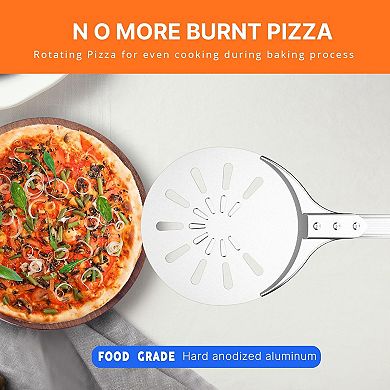 8-Inch Pizza Turning Peel with Long Handle & Silicone Hook, Perforated Aluminum