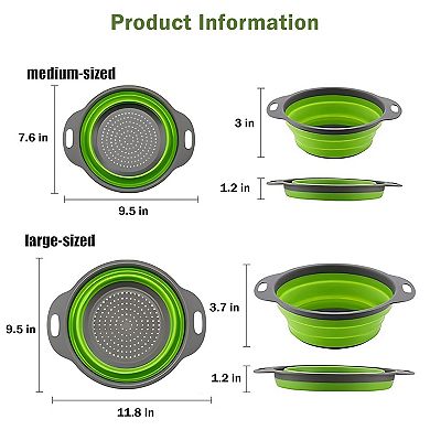 2-Piece Collapsible Silicone Colander Set for Pasta, Veggies & Fruit Green, Travel-Friendly