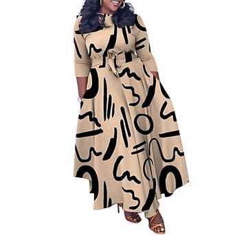 Fall Plus Size Maxi Dress For Women African Print Long Sleeve Swing Dress With Belt