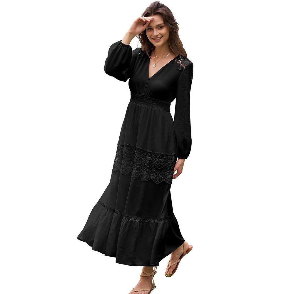 Long Sleeve Maxi Dress For Women V Neck Lace Boho Dress Flowy Fall Wedding  Guest Dresses With Pocket