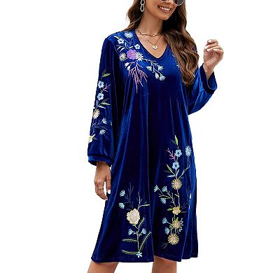 Women's Boho Floral Velvet Dress with Long Sleeves for Weddings