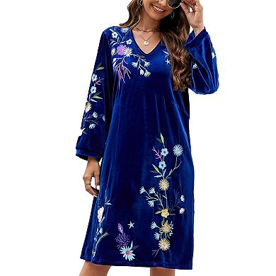 Women's Boho Floral Velvet Dress with Long Sleeves for Weddings