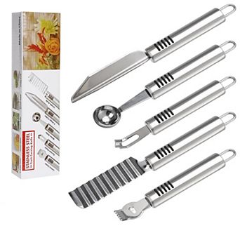 5 pc Stainless Steel Fruit & Veg Carving Set: Melon Baller, Zester, Peeler, Crinkle Knife, V-Cutt
