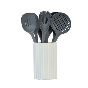 8 pc Glad Kitchen Utensils Set, Nonstick with Holder, Dishwasher Safe, Grey