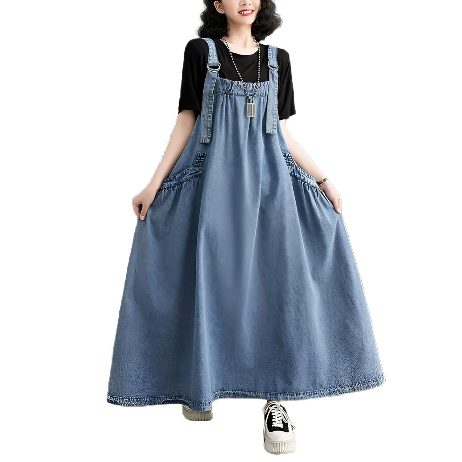 Женские платья Denim Jumper Dress For Women Loose Version Baggy Style Maxi Length Adjustable Straps Wide Hemline