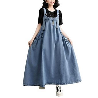 Denim Jumper Dress For Women Loose Version Baggy Style Maxi Length Adjustable Straps Wide Hemline