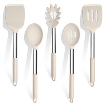 5 pc Silicone Cooking Utensil Set with Stainless Steel Handles, Heatproof & Nonstick, Khaki