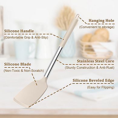 5-Piece Silicone Cooking Utensil Set with Stainless Steel Handles, Heatproof & Nonstick, Khaki