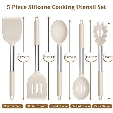 5-Piece Silicone Cooking Utensil Set with Stainless Steel Handles, Heatproof & Nonstick, Khaki