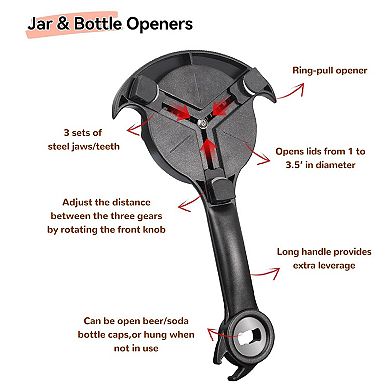3-in-1 Jar & Bottle Opener for Weak Hands, Arthritis Relief, Easy Lid Removal