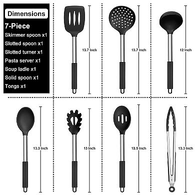 7-Piece Silicone Cooking Utensil Set with Stainless Steel Handles, Heat Resistant, Black