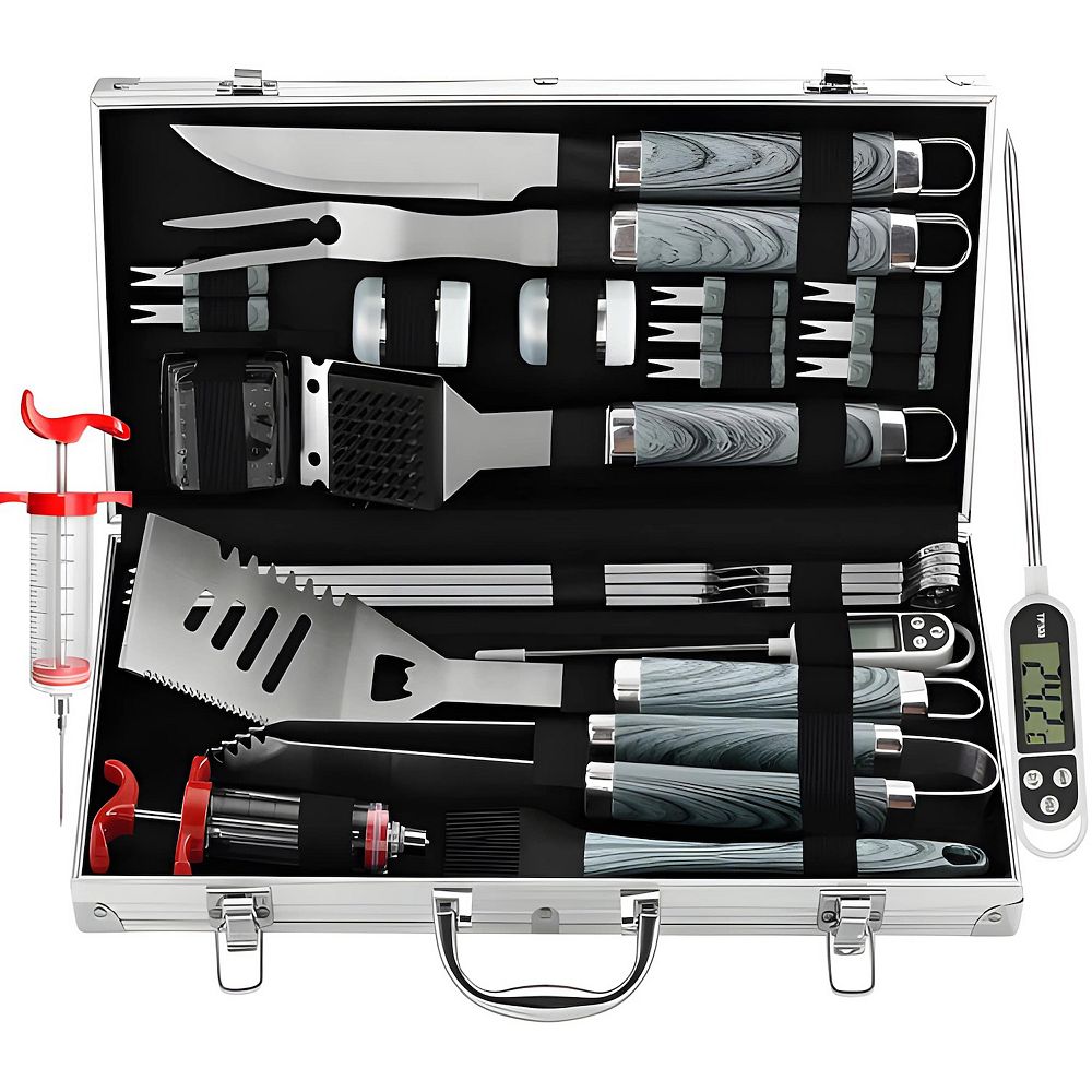 24Pcs Stainless Steel BBQ Grill Tools Set with Thermometer & Injector Kit