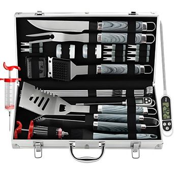 24 pc Stainless Steel BBQ Grill Tools Set with Thermometer & Injector Kit