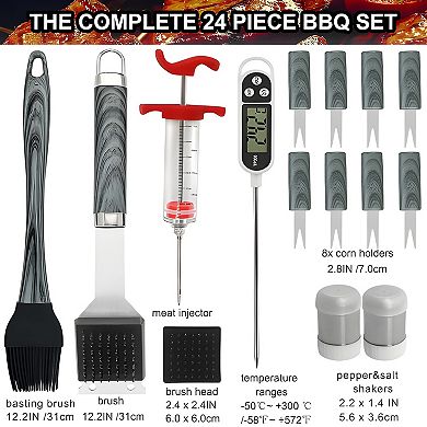 24Pcs Stainless Steel BBQ Grill Tools Set with Thermometer & Injector Kit