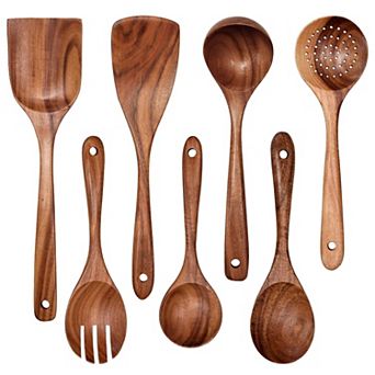 7 pc Wooden Teak Kitchen Utensil Set - Non-Stick Spatulas, Spoons & Forks