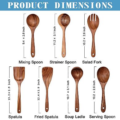 7-Piece Wooden Teak Kitchen Utensil Set - Non-Stick Spatulas, Spoons & Forks