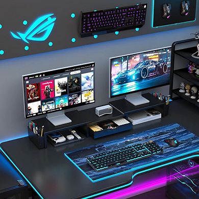 Dual Monitor Stand Riser with Drawer and 2 Pen Holders Desk Organizer