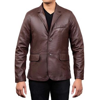 Classic Lambskin Leather Blazer for Men with Notched Collar Casual Coat