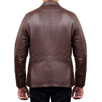 Classic Lambskin Leather Blazer for Men with Notched Collar Casual Coat