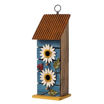 Glitzhome 15"H 2 tier d Solid Wood and Metal Daisy Decorative Garden Birdhouse, Washed Blue