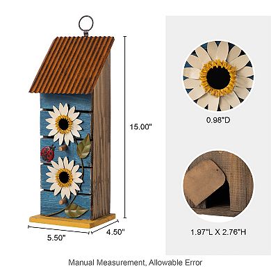 Glitzhome 15"H 2-Tiered Solid Wood and Metal Daisy Decorative Garden Birdhouse, Washed Blue