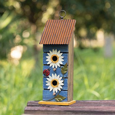 Glitzhome 15"H 2-Tiered Solid Wood and Metal Daisy Decorative Garden Birdhouse, Washed Blue