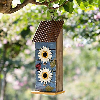 Glitzhome 15"H 2-Tiered Solid Wood and Metal Daisy Decorative Garden Birdhouse, Washed Blue