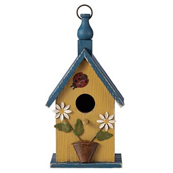 Glitzhome 12.25''H Hanging Bird House - Washed Yellow Distressed Solid Wood Cottage Garden Birdhouse