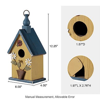 Glitzhome 12.25''H Hanging Bird House - Washed Yellow Distressed Solid Wood Cottage Garden Birdhouse