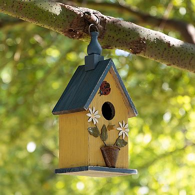 Glitzhome 12.25''H Hanging Bird House - Washed Yellow Distressed Solid Wood Cottage Garden Birdhouse