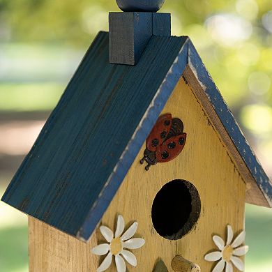 Glitzhome 12.25''H Hanging Bird House - Washed Yellow Distressed Solid Wood Cottage Garden Birdhouse