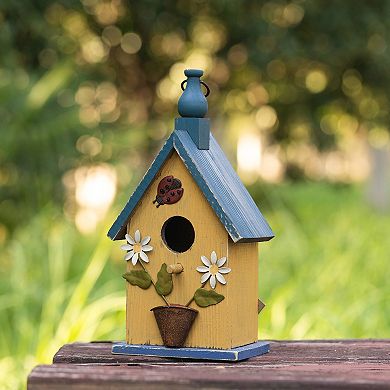 Glitzhome 12.25''H Hanging Bird House - Washed Yellow Distressed Solid Wood Cottage Garden Birdhouse