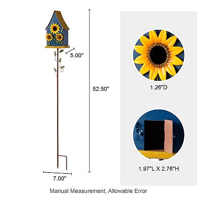 Glitzhome 52.5''H Metal Daisy Garden Birdhouse, Decorative Hanging Birdhouse with Stake