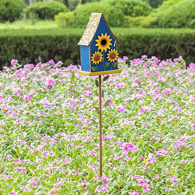 Glitzhome 52.5''H Metal Daisy Garden Birdhouse, Decorative Hanging Birdhouse with Stake